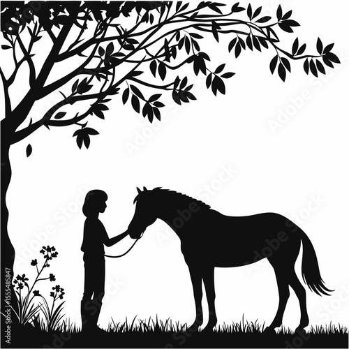 Silhouette of a person holding a horse under a large tree with foliage