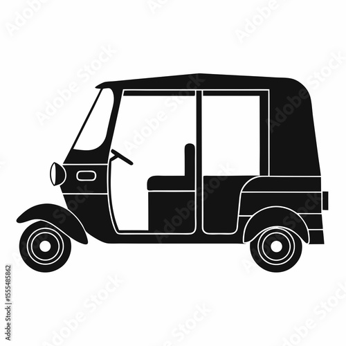 Black silhouette of a three wheeled auto rickshaw or tuk tuk on a white background