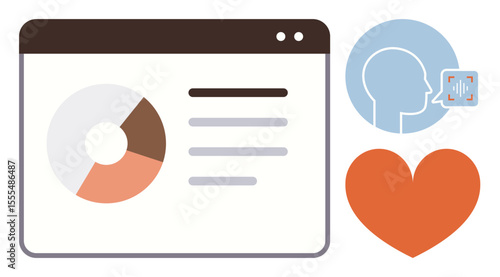 Data dashboard with pie chart and text lines next to head profile with soundwave and heart icon. Ideal for health analytics, speech analysis, monitoring, technology, communication, wellness, flat