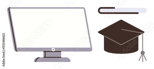 Computer monitor, graduation hat, and progress bar symbolizing virtual education, knowledge growth, online courses, e-learning, higher education, career advancement, simple flat metaphor