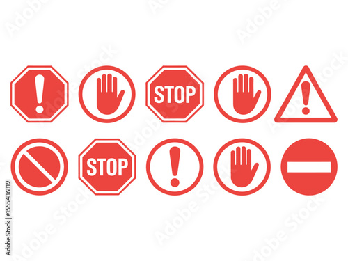 Set of stop street icon collection stop sign with hand red stop hand sign with text stop road sign