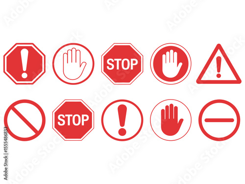 Set of stop street icon collection stop sign with hand red stop hand sign with text stop road sign