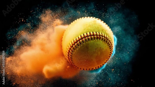 Softball ball sport with orange powder and blue powder explosion dynamic energetic motion effect