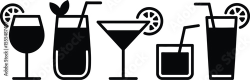 Cocktails set. Alcoholic cocktails icons. Martini cocktail. Set includes martini, mojito, whiskey, wine. Drink glass sign. Icons set for restaurant, pub, bar. Vector illustration.