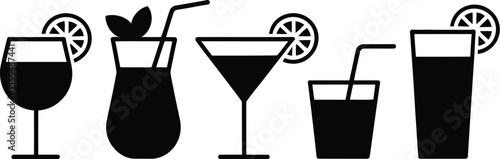 Cocktails set. Alcoholic cocktails icons. Martini cocktail. Set includes martini, mojito, whiskey, wine. Drink glass sign. Icons set for restaurant, pub, bar. Vector illustration.