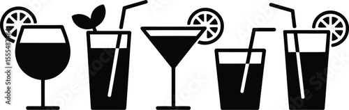 Cocktails set. Alcoholic cocktails icons. Martini cocktail. Set includes martini, mojito, whiskey, wine. Drink glass sign. Icons set for restaurant, pub, bar. Vector illustration.