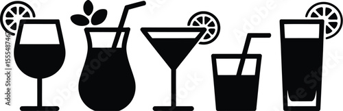 Cocktails set. Alcoholic cocktails icons. Martini cocktail. Set includes martini, mojito, whiskey, wine. Drink glass sign. Icons set for restaurant, pub, bar. Vector illustration.