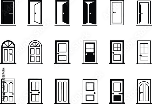 Door icon set. Open the door icon. Door front vector icon. Vector illustration
