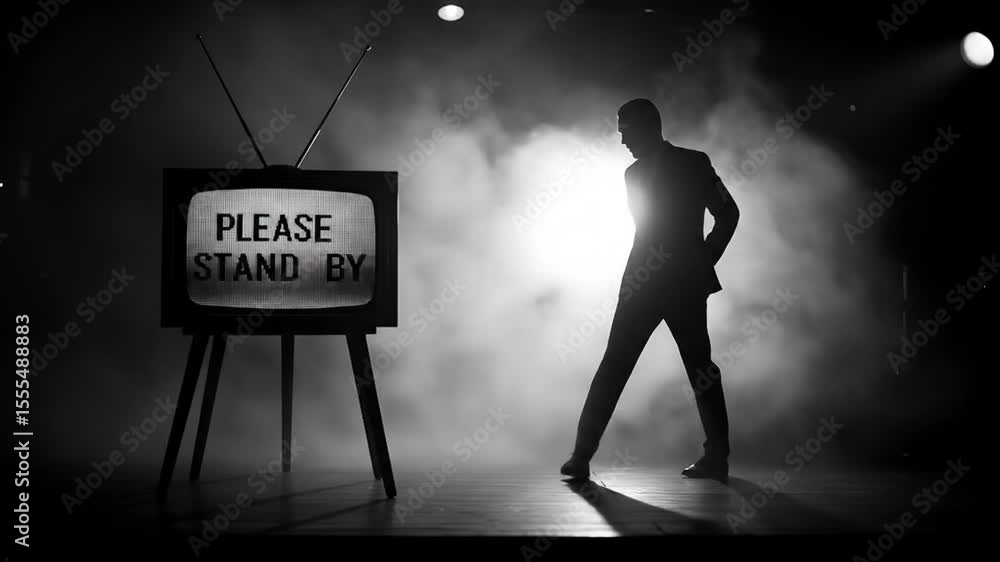 Silhouette of a man dancing with a vintage television displaying please stand by in a smoky stage setting