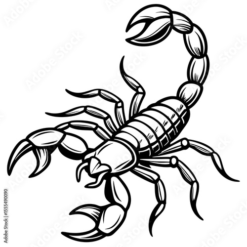 Stylized black and white scorpion illustration with raised tail and claws