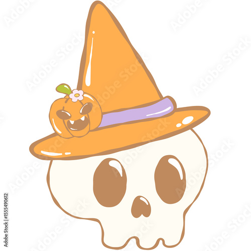 halloween skull wearing orange witch hat clip art preview