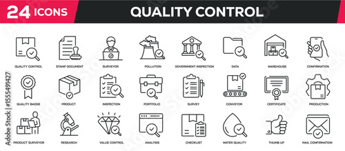 Set of collection line icons related quality control, inspection, survey. Editable stroke. Perfect pixel on transparent background