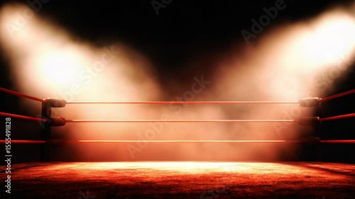 Empty ring under bright lights, smoke effects in the darkness around it