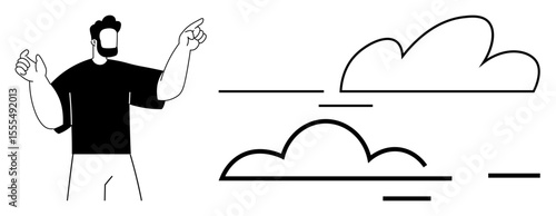 Person pointing at stylized clouds with clean lines and modern design. Ideal for creativity, imagination, innovation, cloud computing, growth, simplicity, communication. Simple flat metaphor