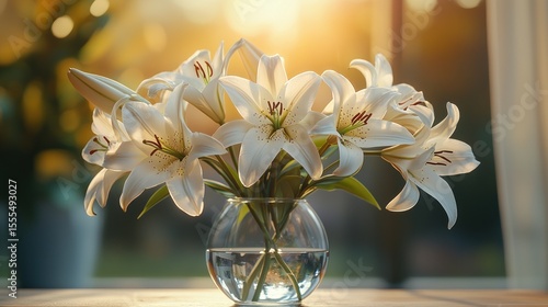 White lilies in a glass vase, sunlight