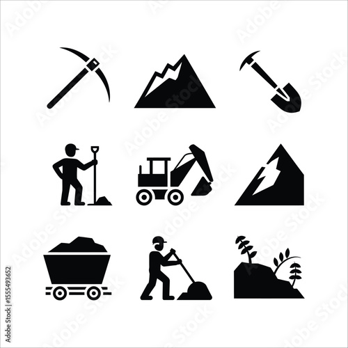 Mining industry icons set vector illustration of pickaxe shovel mountain and excavation equipment design 100
