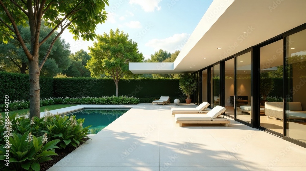 Fototapeta premium Serene Modern Home with Expansive Pool and Lush Landscaping, Perfect for Relaxation and Outdoor Entertaining