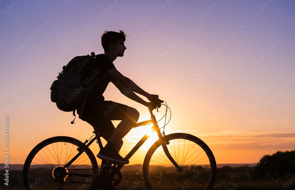 Obraz premium Backlit image of a teen cycling across a glowing sky, showing strength, balance, and spirit of adventure on International Youth Day.