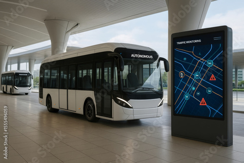Autonomous buses at modern transportation hub with digital traffic monitoring display, showcasing advanced technology and innovation in public transport