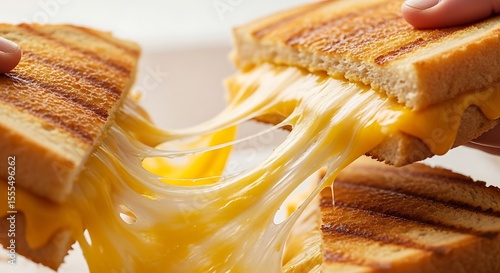 A grilled cheese sandwich is being pulled apart, revealing melted cheese strands.