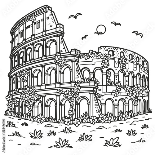 Colosseum Line Art – Minimalist Single Line, Geometric, Steampunk, Surreal, Floral, Stipple Dotted, Cyberpunk, Cubist, Negative Space, Celestial – Ancient Rome Architecture Sketch, White Background Ve