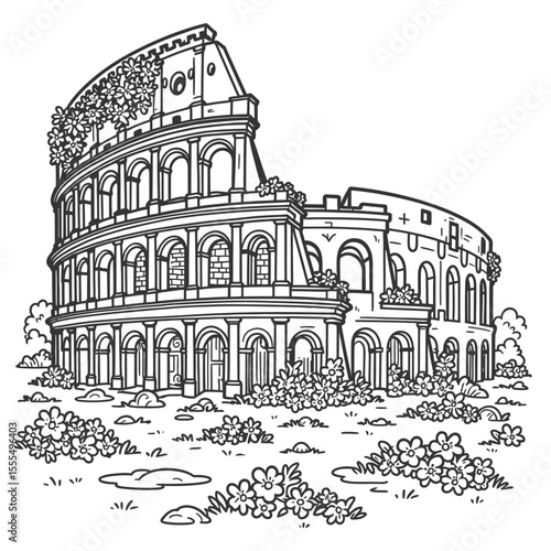 Colosseum Line Art – Minimalist Single Line, Geometric, Steampunk, Surreal, Floral, Stipple Dotted, Cyberpunk, Cubist, Negative Space, Celestial – Ancient Rome Architecture Sketch, White Background Ve