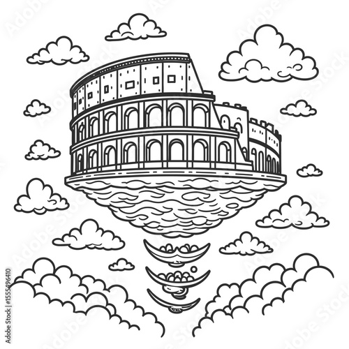 Colosseum Line Art – Minimalist Single Line, Geometric, Steampunk, Surreal, Floral, Stipple Dotted, Cyberpunk, Cubist, Negative Space, Celestial – Ancient Rome Architecture Sketch, White Background Ve