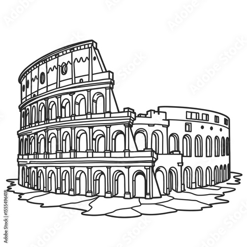 Colosseum Line Art – Minimalist Single Line, Geometric, Steampunk, Surreal, Floral, Stipple Dotted, Cyberpunk, Cubist, Negative Space, Celestial – Ancient Rome Architecture Sketch, White Background Ve