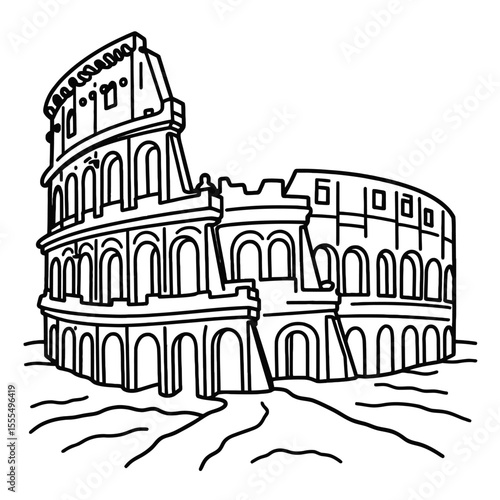 Colosseum Line Art – Minimalist Single Line, Geometric, Steampunk, Surreal, Floral, Stipple Dotted, Cyberpunk, Cubist, Negative Space, Celestial – Ancient Rome Architecture Sketch, White Background Ve