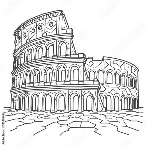 Colosseum Line Art – Minimalist Single Line, Geometric, Steampunk, Surreal, Floral, Stipple Dotted, Cyberpunk, Cubist, Negative Space, Celestial – Ancient Rome Architecture Sketch, White Background Ve