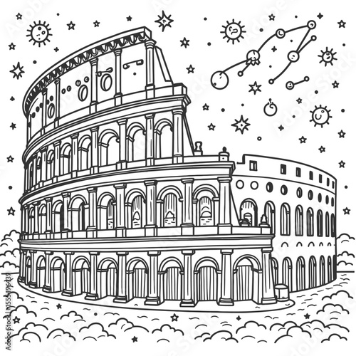 Colosseum Line Art – Minimalist Single Line, Geometric, Steampunk, Surreal, Floral, Stipple Dotted, Cyberpunk, Cubist, Negative Space, Celestial – Ancient Rome Architecture Sketch, White Background Ve