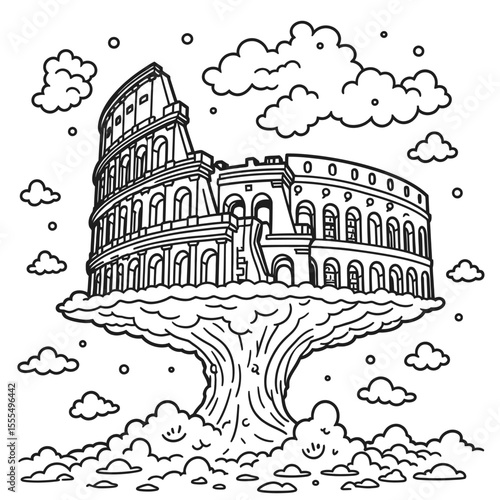 Colosseum Line Art – Minimalist Single Line, Geometric, Steampunk, Surreal, Floral, Stipple Dotted, Cyberpunk, Cubist, Negative Space, Celestial – Ancient Rome Architecture Sketch, White Background Ve