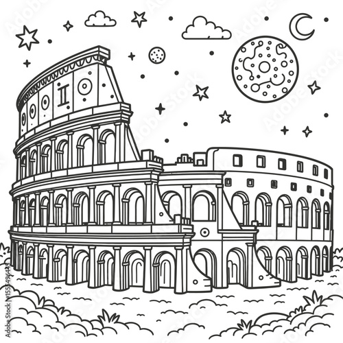 Colosseum Line Art – Minimalist Single Line, Geometric, Steampunk, Surreal, Floral, Stipple Dotted, Cyberpunk, Cubist, Negative Space, Celestial – Ancient Rome Architecture Sketch, White Background Ve