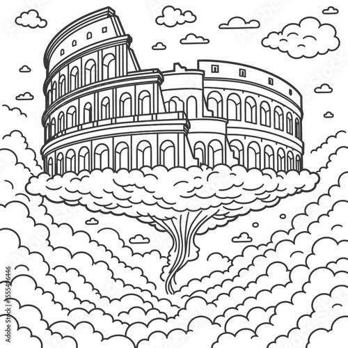 Colosseum Line Art – Minimalist Single Line, Geometric, Steampunk, Surreal, Floral, Stipple Dotted, Cyberpunk, Cubist, Negative Space, Celestial – Ancient Rome Architecture Sketch, White Background Ve