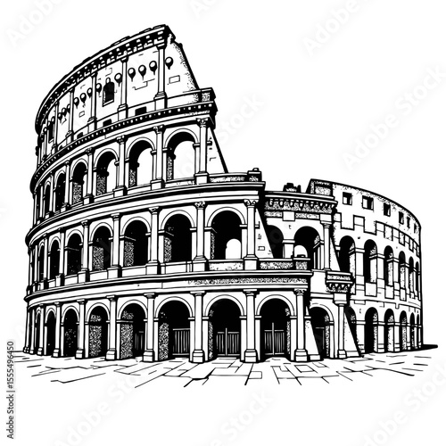 Colosseum Line Art – Minimalist Single Line, Geometric, Steampunk, Surreal, Floral, Stipple Dotted, Cyberpunk, Cubist, Negative Space, Celestial – Ancient Rome Architecture Sketch, White Background Ve