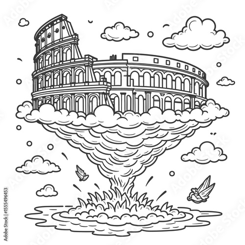 Colosseum Line Art – Minimalist Single Line, Geometric, Steampunk, Surreal, Floral, Stipple Dotted, Cyberpunk, Cubist, Negative Space, Celestial – Ancient Rome Architecture Sketch, White Background Ve