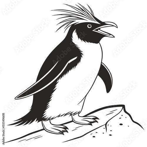 A monochrome rockhopper penguin standing on a rock art