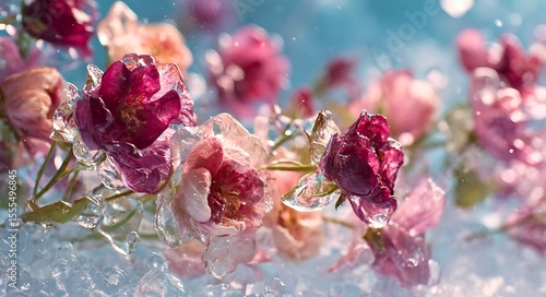 Delicate pink and deep red rose petals encased in glistening ice and water droplets creating a refreshing and artistic floral composition with a soft blue bokeh background