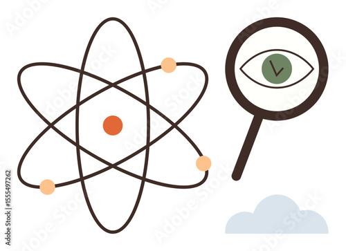 Atom model with orbiting electrons, magnifying glass over eye symbol, small cloud. Ideal for science, research, investigation, innovation, discovery analysis education. Clean simple flat metaphor