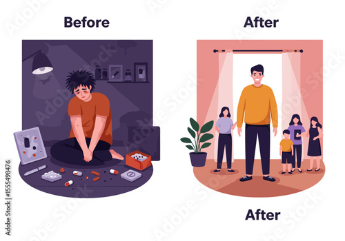 A before and after image shows a mans recovery from substance abuse to being reunited with his family