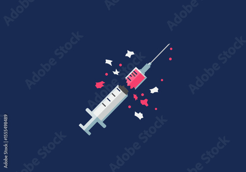 A fractured syringe pink liquid contents and debris float against a dark blue background