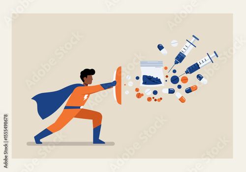 Superhero shields against drugs pills syringes and a plastic bag on a lightcolored backdrop
