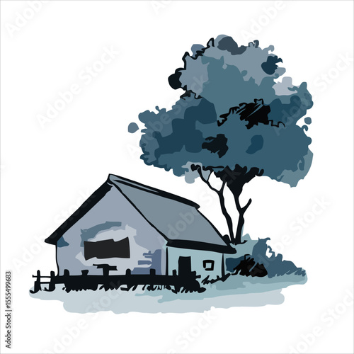 rustic architecture drawing, lonely house painting