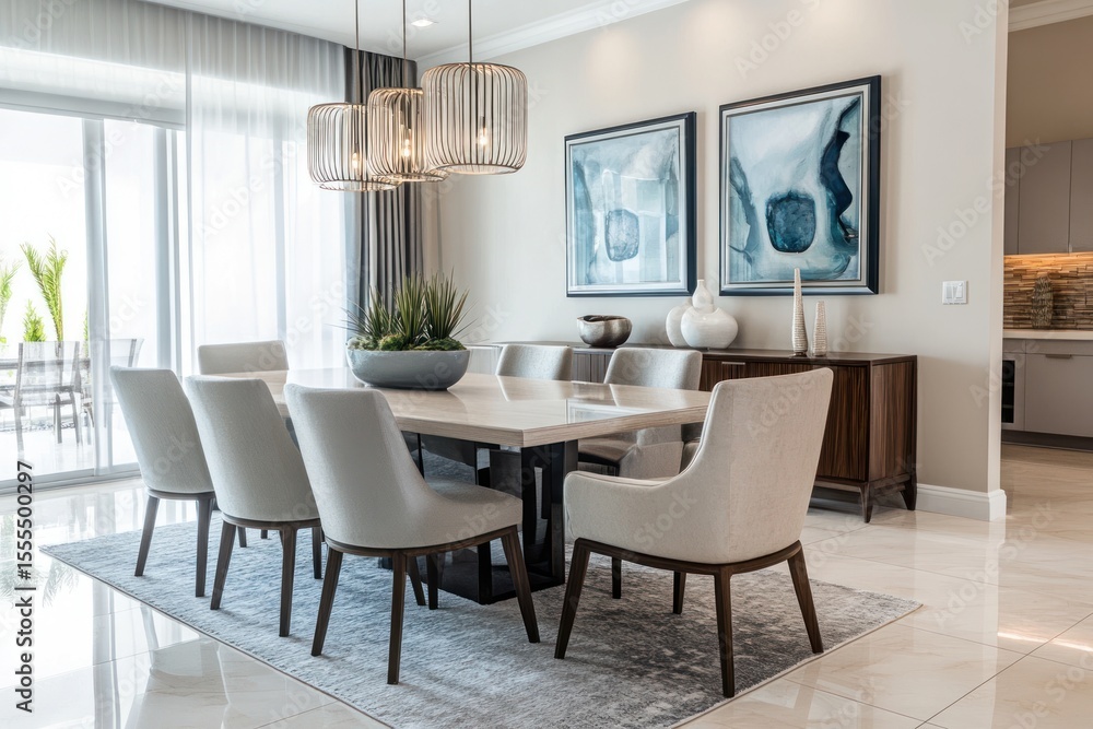 Fototapeta premium Chic dining area featuring soft neutrals and accent colors, modern table and chairs