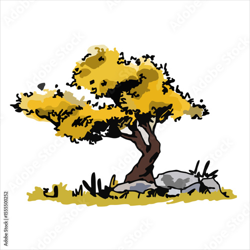 Tree with rocks and grass art drawing. Good for book illustration, poster or postcard