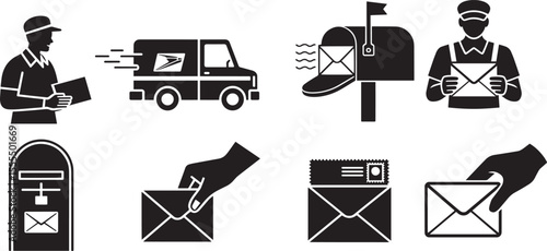 Mail delivery service icons postman truck
