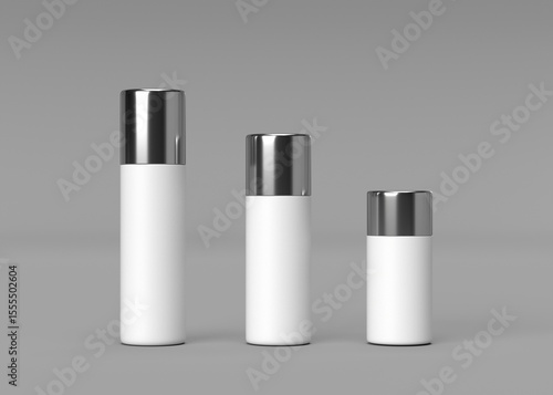Three White Cosmetic Bottles with Silver Lids - Mockup