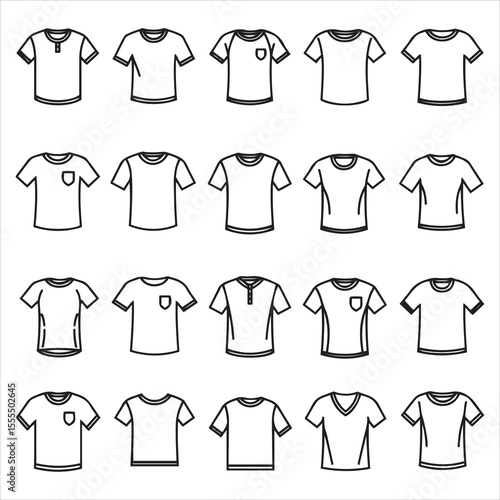 Collection of various t shirt styles and designs in outline form