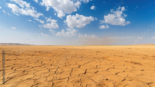 Panoramic image of a desert landscape under scorching hot weather.