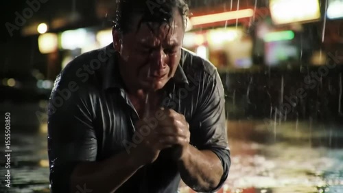 Despair in the Rain: A Man's Anguish Under the Night Sky